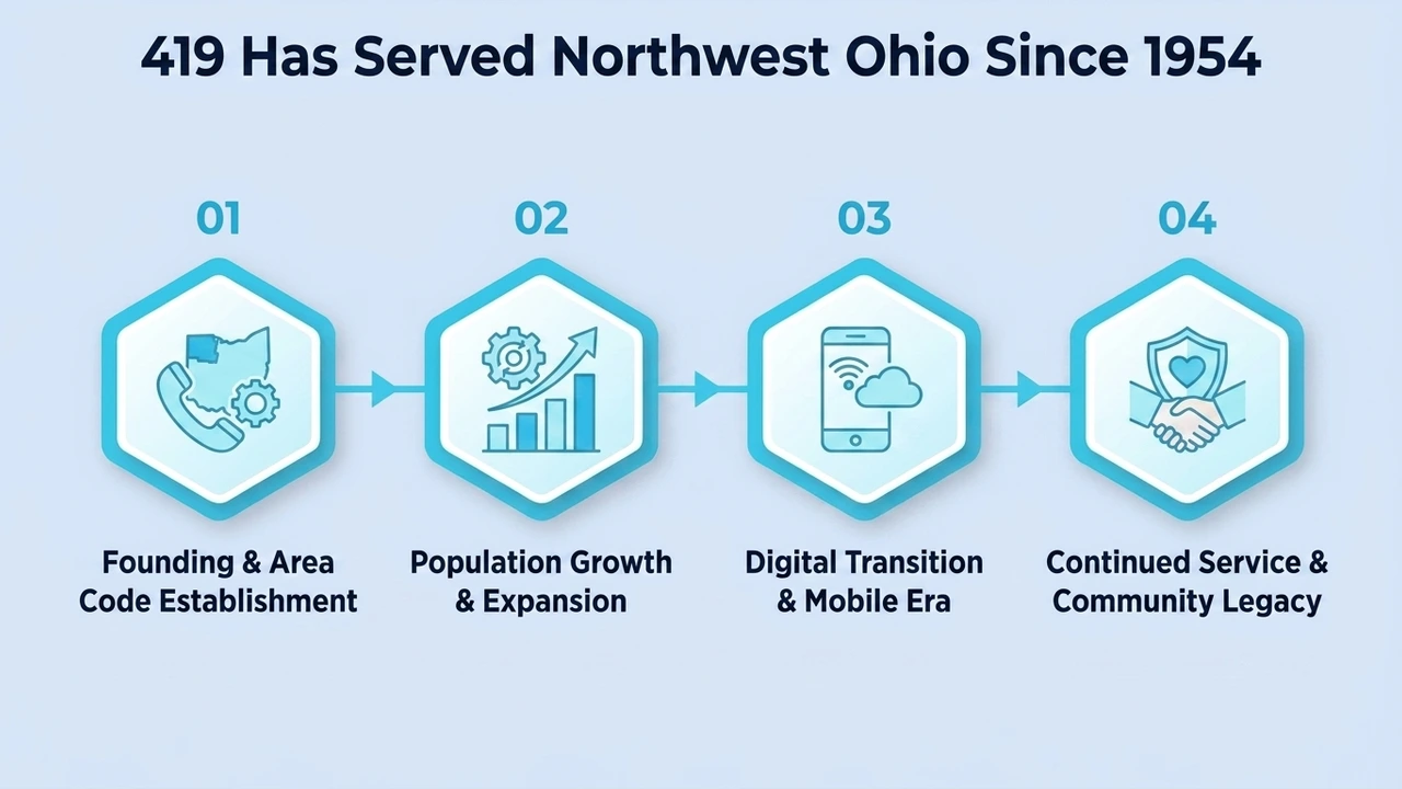 419 Has Served Northwest Ohio Since 1954 — four-step timeline: founding and area code establishment, population growth and expansion, digital transition and mobile era, continued service and community legacy