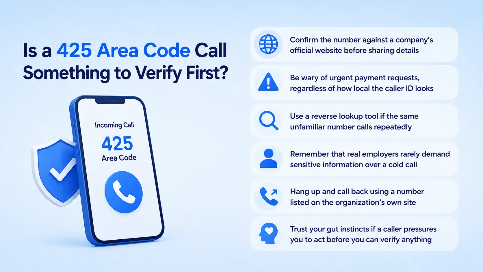 Checklist for verifying a 425 area code call, including confirming the number, watching for urgent payment requests, and calling back through an official site