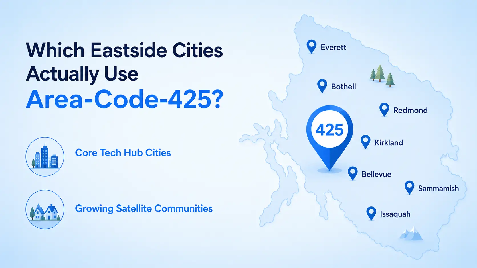 Map of the 425 area code showing Eastside tech hub cities Bellevue, Redmond, Kirkland, plus Everett, Bothell, Issaquah, and Sammamish