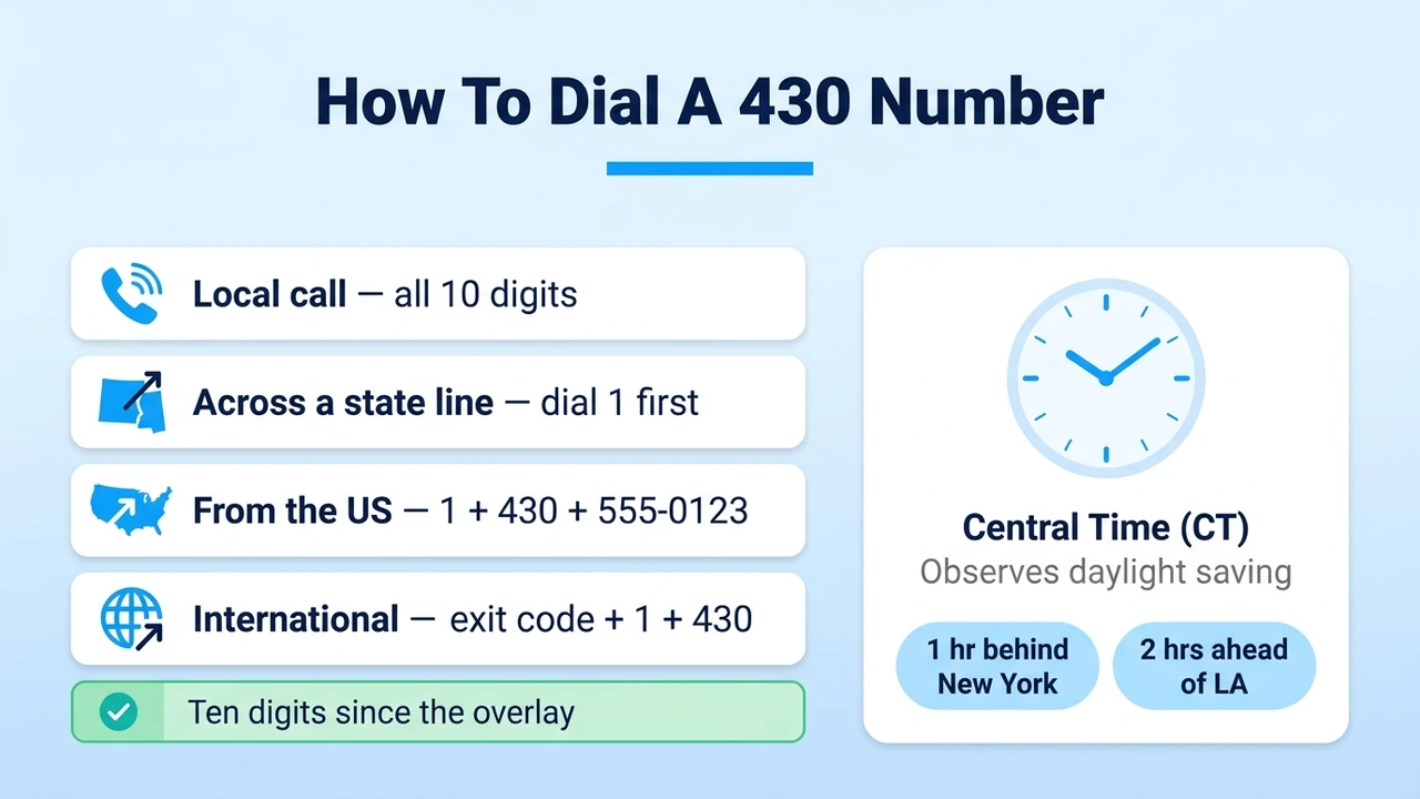How To Dial A 430 Number — dialing steps and the Central Time zone for calls in the 430 area code