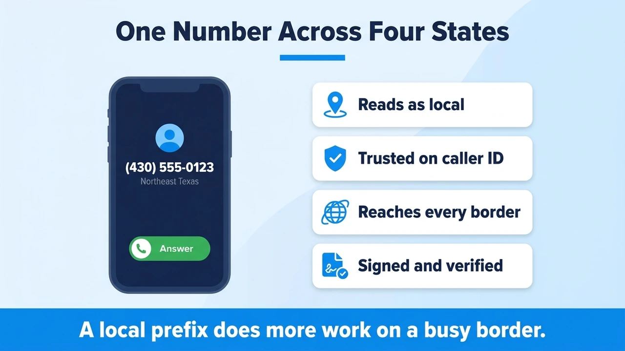 One Number Across Four States — smartphone showing a trusted incoming call near the state lines