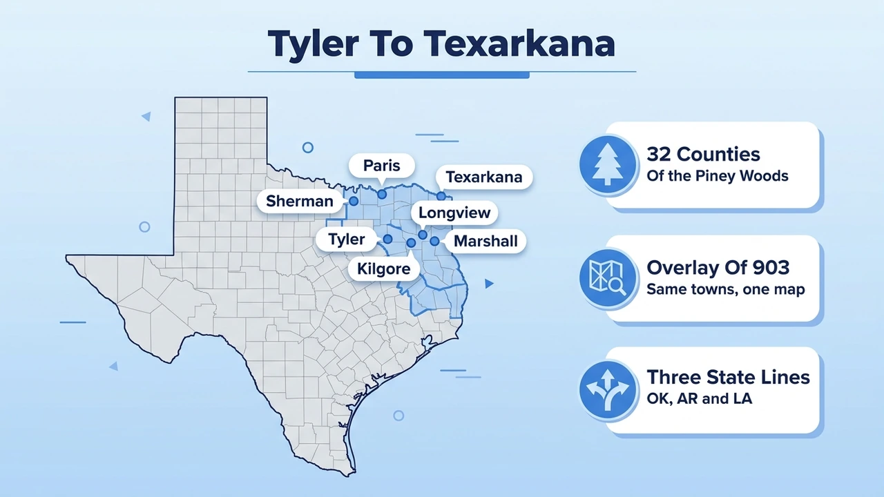 Tyler To Texarkana — map of northeast Texas cities covered by the 430 area code