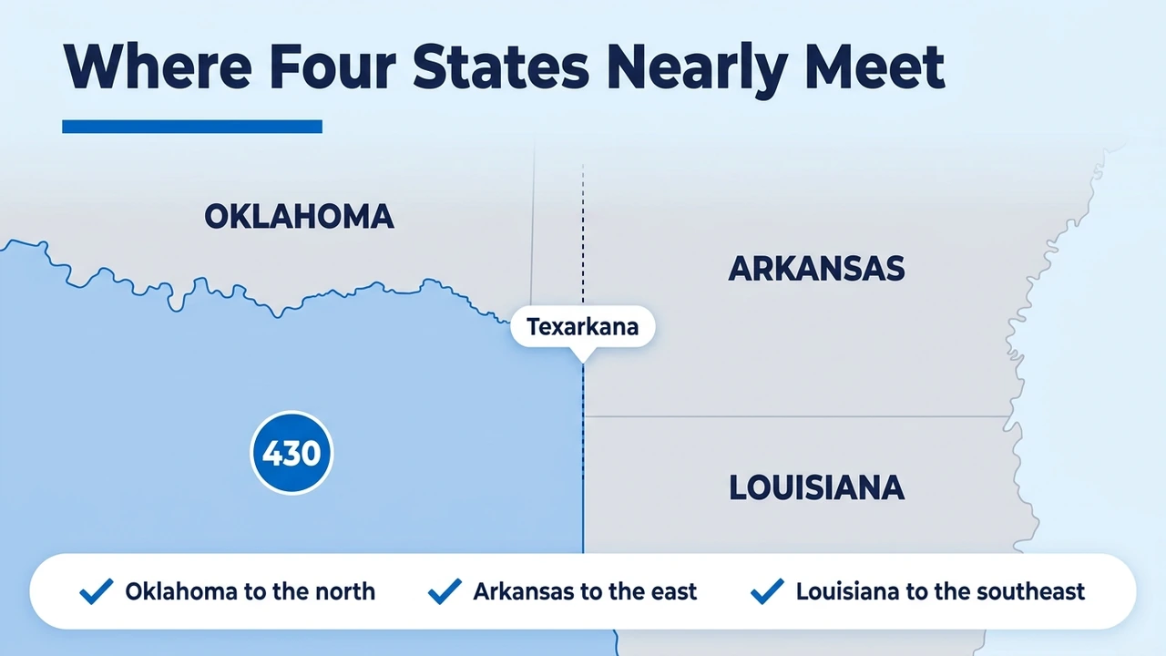 Where Four States Nearly Meet — map of the Texas corner bordering Oklahoma, Arkansas, and Louisiana