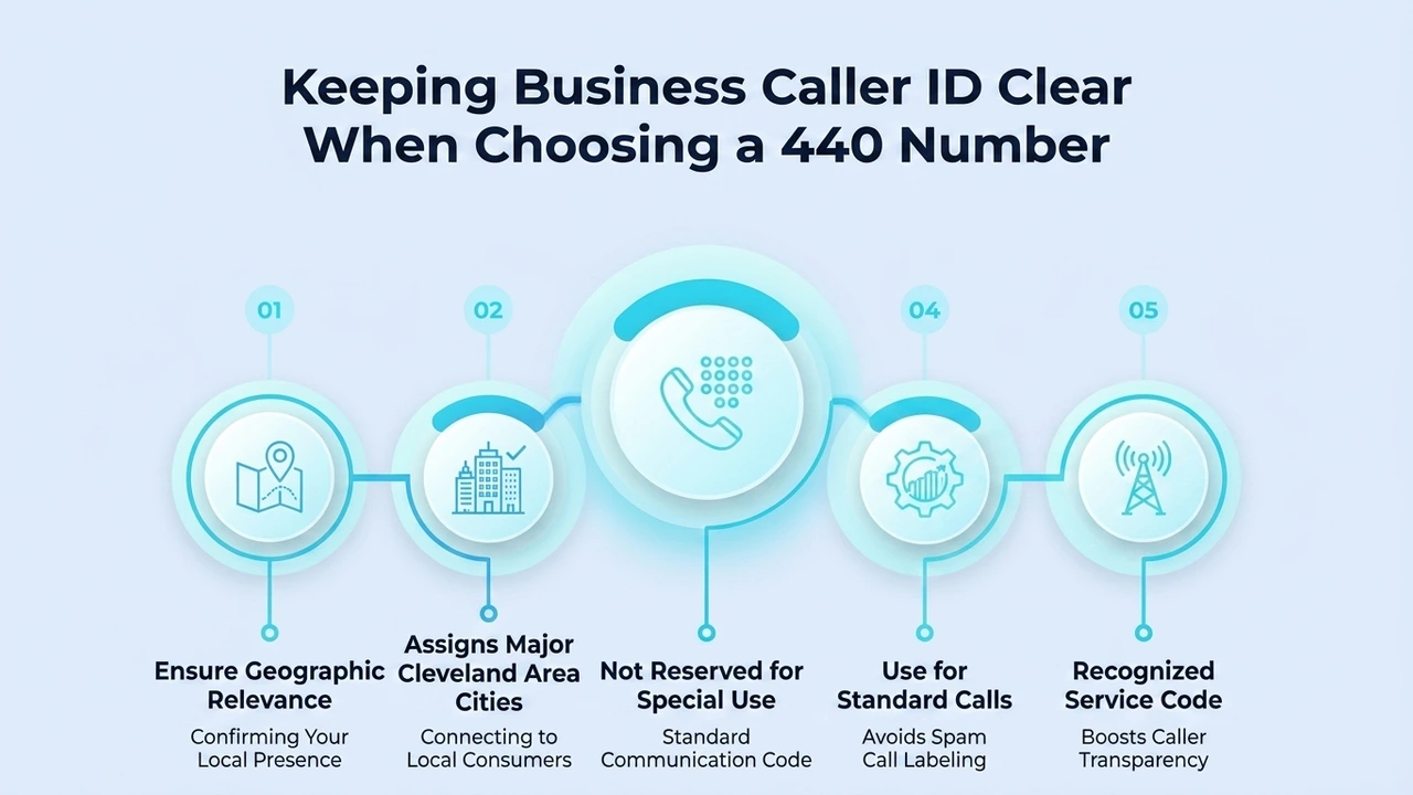 Keeping Business Caller ID Clear When Choosing a 440 Number — five steps: ensure geographic relevance, assign major Cleveland area cities, avoid special-use reservations, use for standard calls, and stay a recognized service code