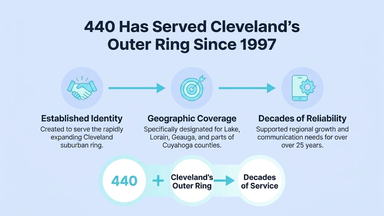 440 Has Served Cleveland's Outer Ring Since 1997 — three-step diagram of established identity, geographic coverage, and decades of reliability