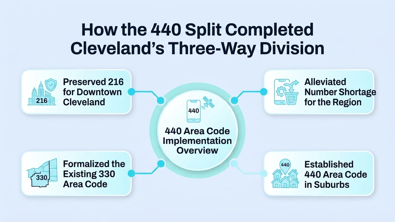 How the 440 Split Completed Cleveland's Three-Way Division — overview showing 216 preserved for downtown Cleveland, 330 formalized, and 440 established in the suburbs