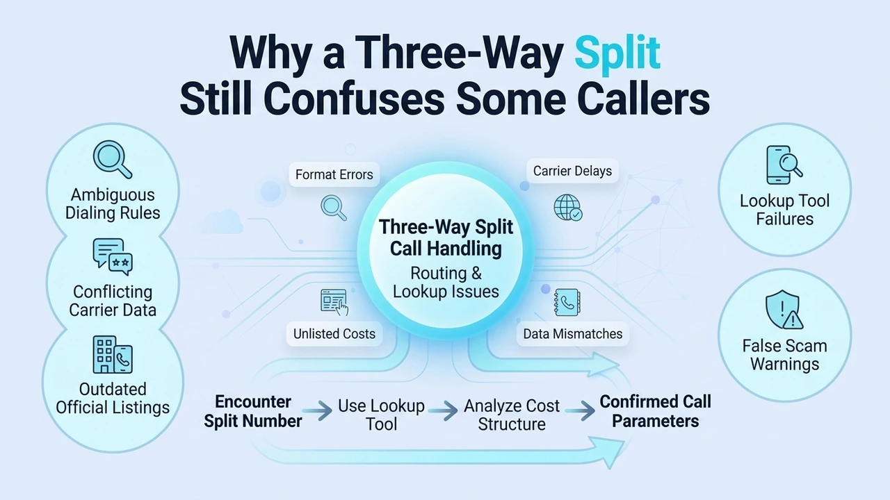 Why a Three-Way Split Still Confuses Some Callers — diagram of ambiguous dialing rules, conflicting carrier data, outdated listings, lookup tool failures, and false scam warnings