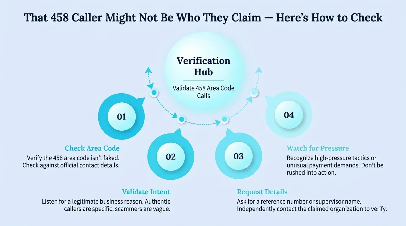 That 458 Caller Might Not Be Who They Claim — Here's How to Check — verification hub diagram covering checking area code, validating intent, requesting details, and watching for pressure