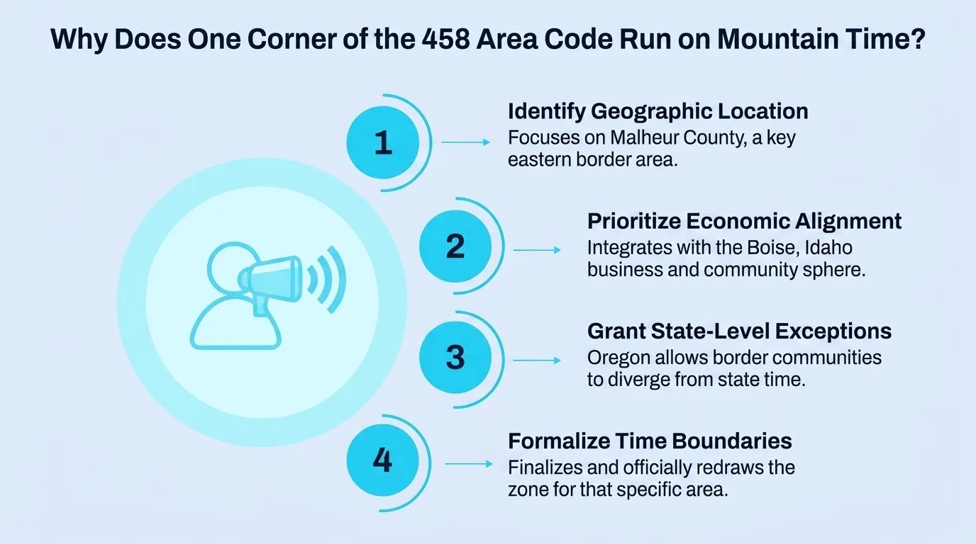 Why Does One Corner of the 458 Area Code Run on Mountain Time — four steps covering geographic location, economic alignment, state-level exceptions, and formalized time boundaries
