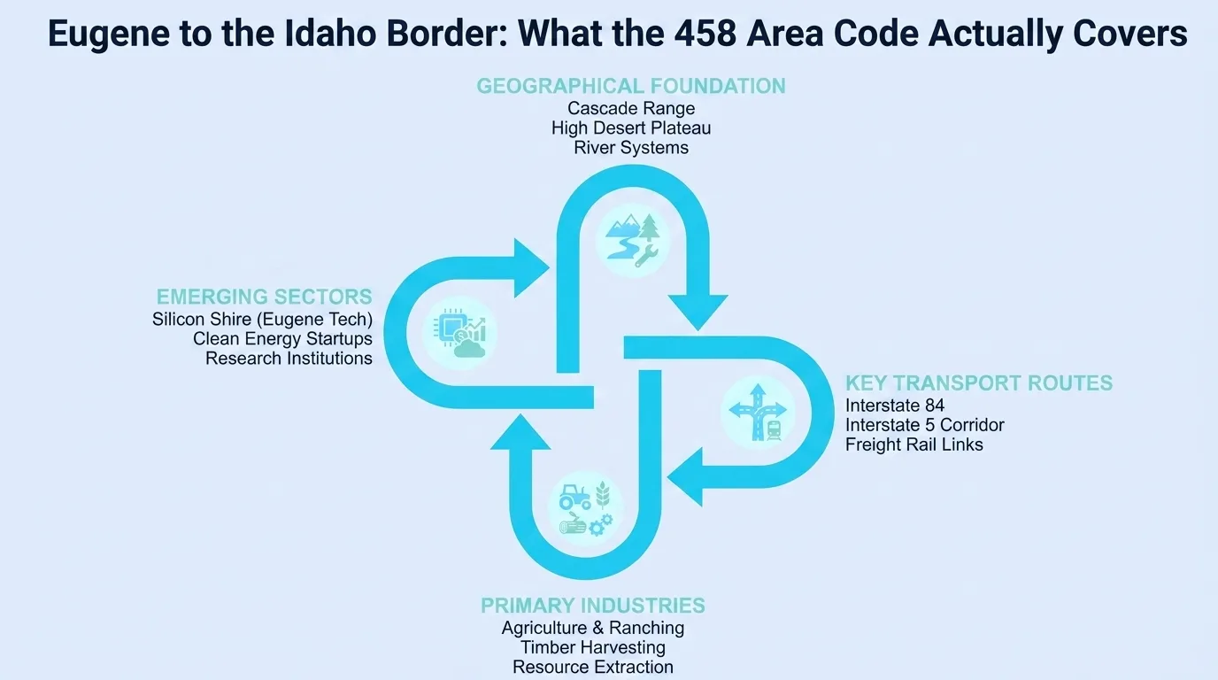 Eugene to the Idaho Border: What the 458 Area Code Actually Covers — diagram of the geographical foundation, emerging sectors, key transport routes, and primary industries across the region