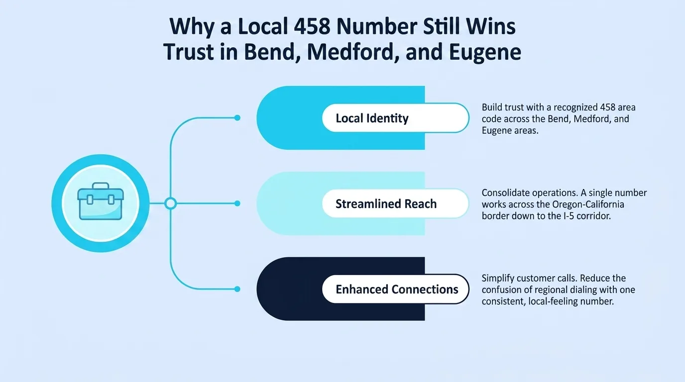Why a Local 458 Number Still Wins Trust in Bend, Medford, and Eugene — diagram of local identity, streamlined reach, and enhanced connections