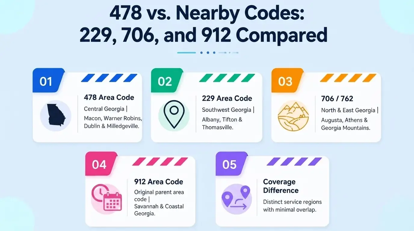 478 vs. Nearby Codes: 229, 706, and 912 Compared — five cards comparing the 478, 229, 706/762, and 912 area codes plus coverage differences