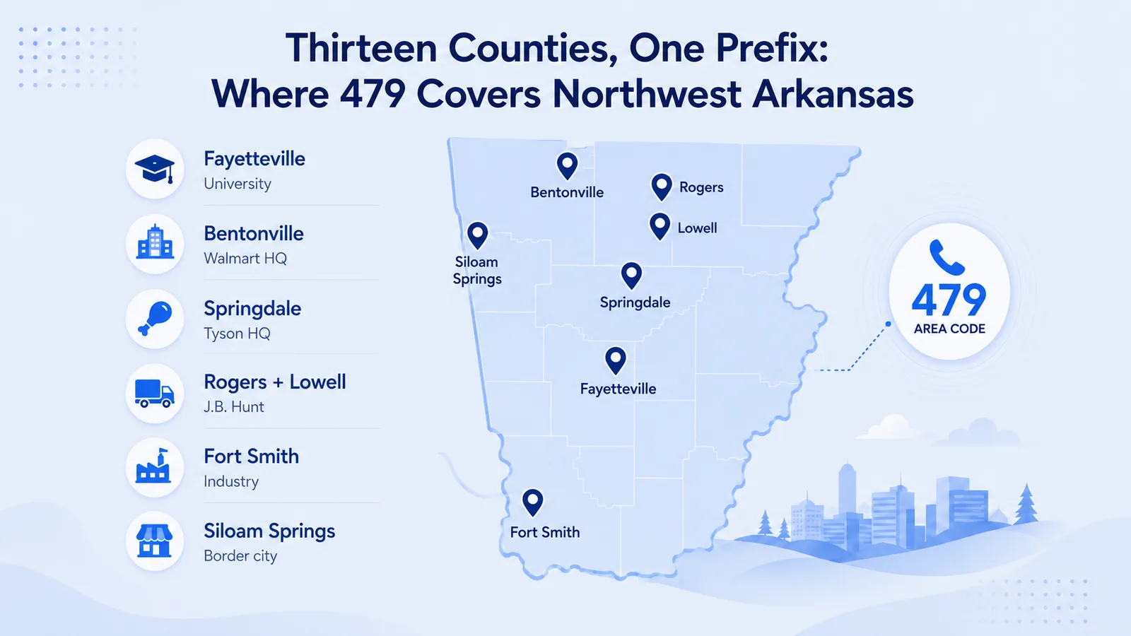 Map of the 479 area code covering thirteen Northwest Arkansas counties, including Fayetteville, Bentonville, Rogers, Springdale, and Fort Smith