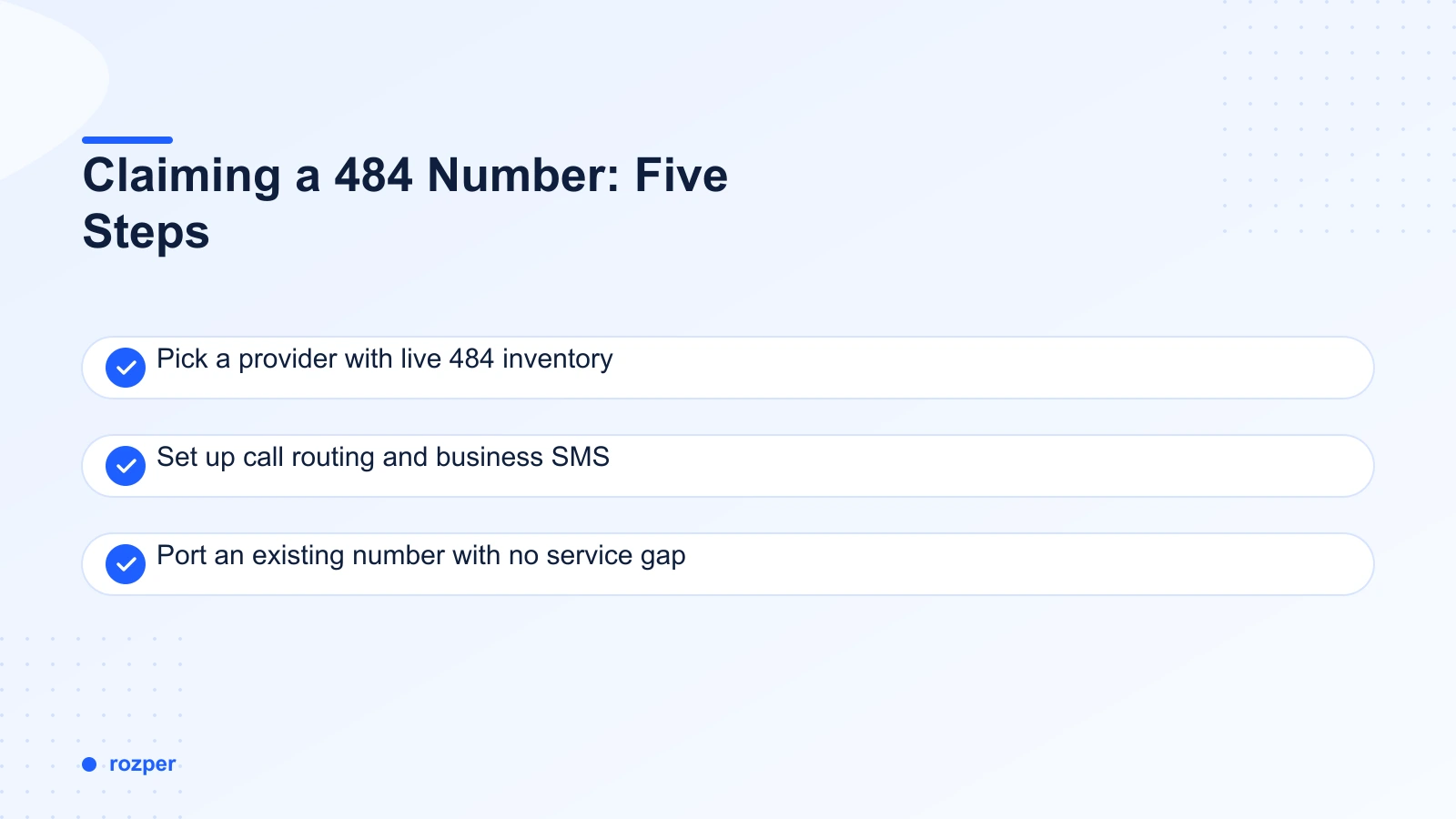 Claiming a 484 Number: Five Steps — a five-step infographic for activating a 484 number, from choosing a provider to porting an existing line