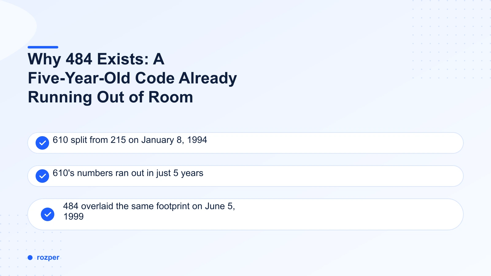 Why 484 Exists: A Five-Year-Old Code Already Running Out of Room — a timeline showing 610 splitting from 215 in 1994 and 484 overlaying it in 1999