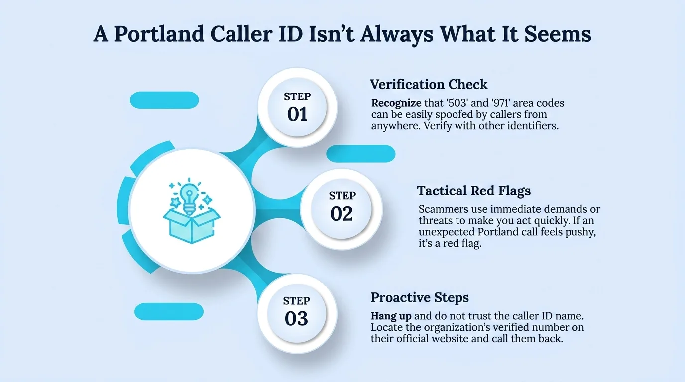 A Portland Caller ID Isn't Always What It Seems — three-step guide covering verification checks, tactical red flags, and proactive steps for suspicious 503 calls