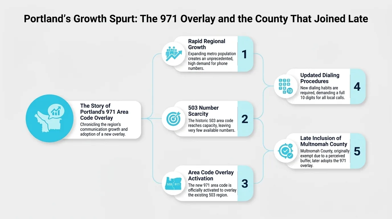 Portland's Growth Spurt: The 971 Overlay and the County That Joined Late — timeline of rapid regional growth, number scarcity, overlay activation, updated dialing, and Multnomah County's late inclusion