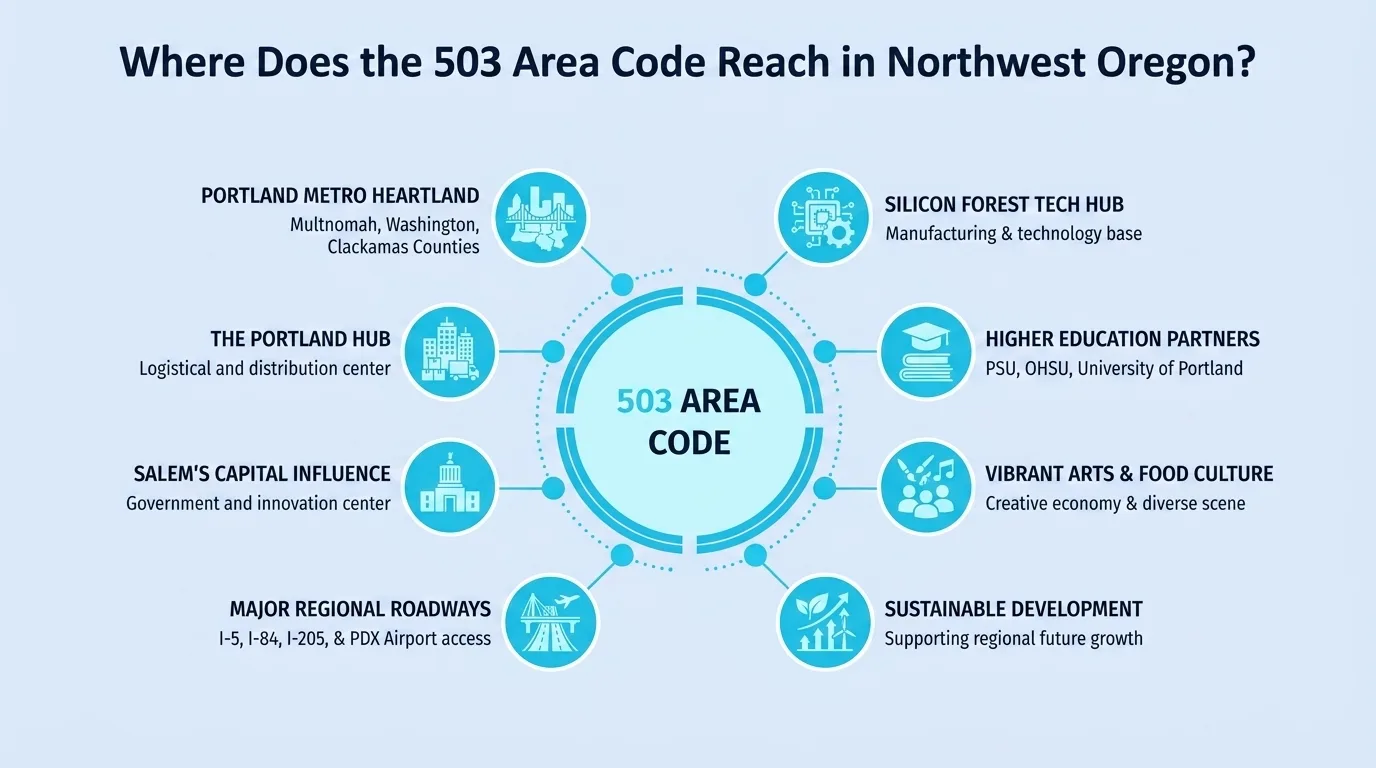 Where Does the 503 Area Code Reach in Northwest Oregon — diagram of the Portland metro heartland, Silicon Forest tech hub, higher education partners, and major regional roadways