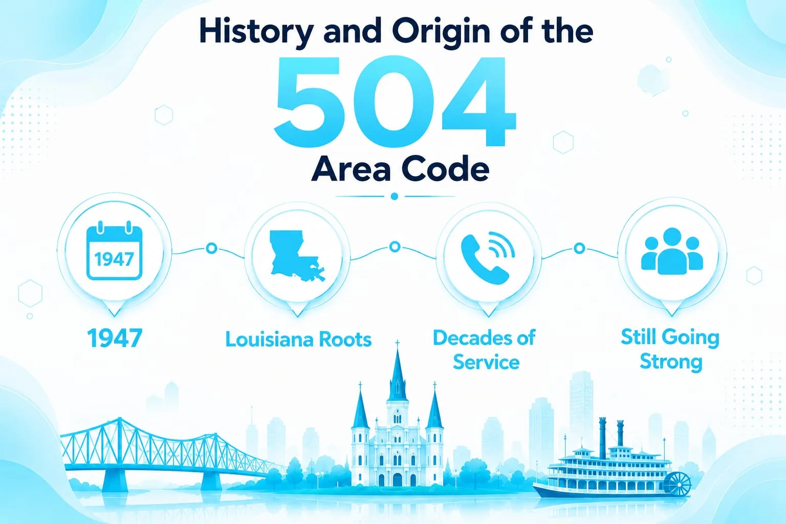 History and Origin of the 504 Area Code — timeline showing 1947 as the early days of the original statewide code and the later splits that shrank the 504 area code to New Orleans