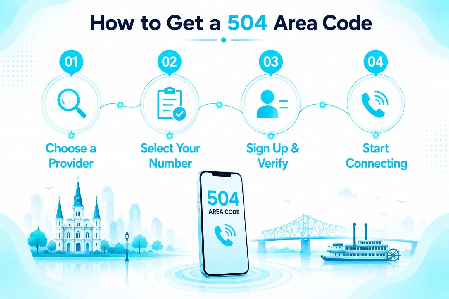 How to Get a 504 Area Code Number — five-step circular diagram: choose provider, check availability, pick your number, set up calling, activate service