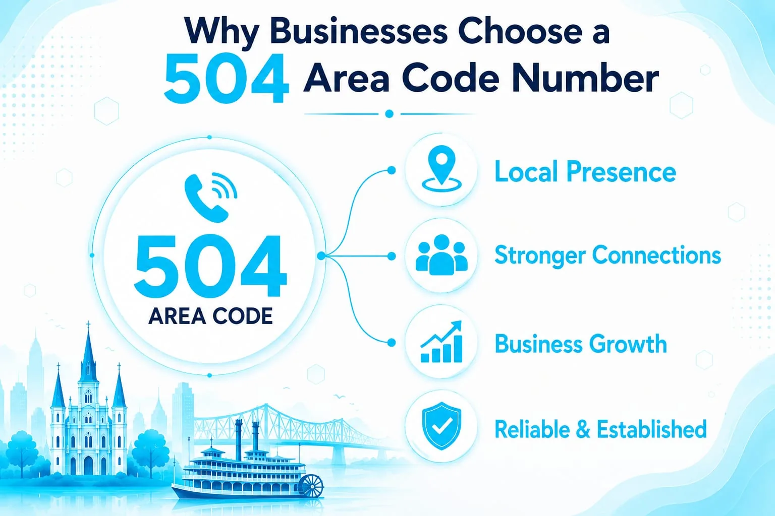 Why Businesses Choose a 504 Area Code Number — icons for local trust, regional reach, better answers, brand credibility, community presence, and business growth