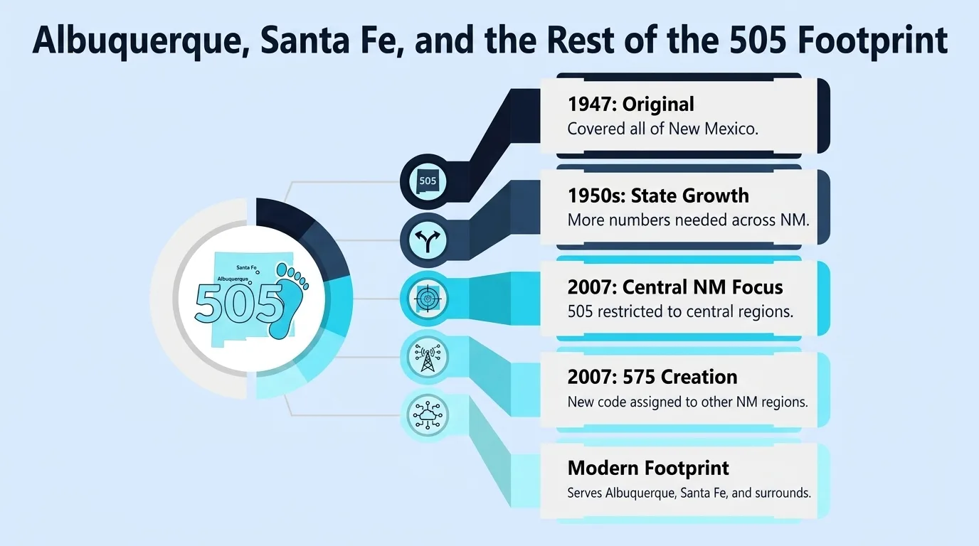 Albuquerque, Santa Fe, and the Rest of the 505 Footprint — timeline infographic showing the 505 area code's history from 1947 statewide coverage through the 2007 split with 575