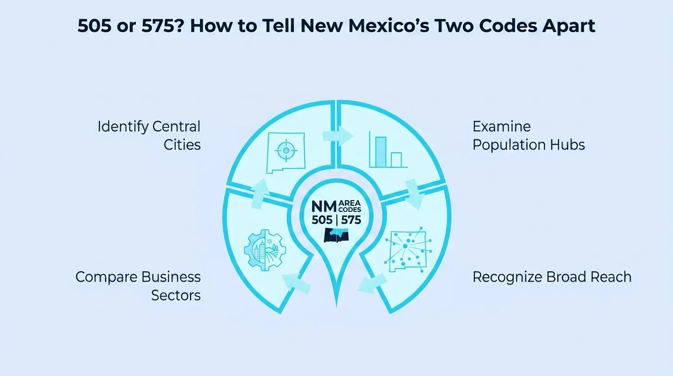 505 or 575? How to Tell New Mexico's Two Codes Apart — circular infographic comparing central cities, population hubs, business sectors, and broad reach of New Mexico's two area codes