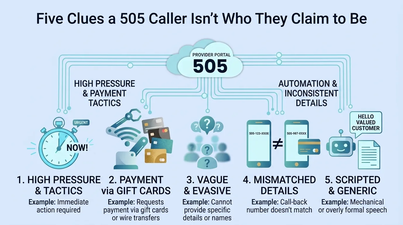 Five Clues a 505 Caller Isn't Who They Claim to Be — infographic listing high pressure tactics, gift card payment requests, vague answers, mismatched details, and scripted speech as warning signs