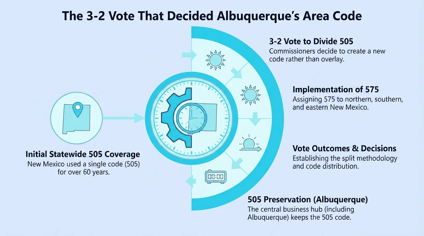 The 3-2 Vote That Decided Albuquerque's Area Code — infographic showing the regulatory timeline from initial statewide 505 coverage through the 575 split and 505 preservation for Albuquerque