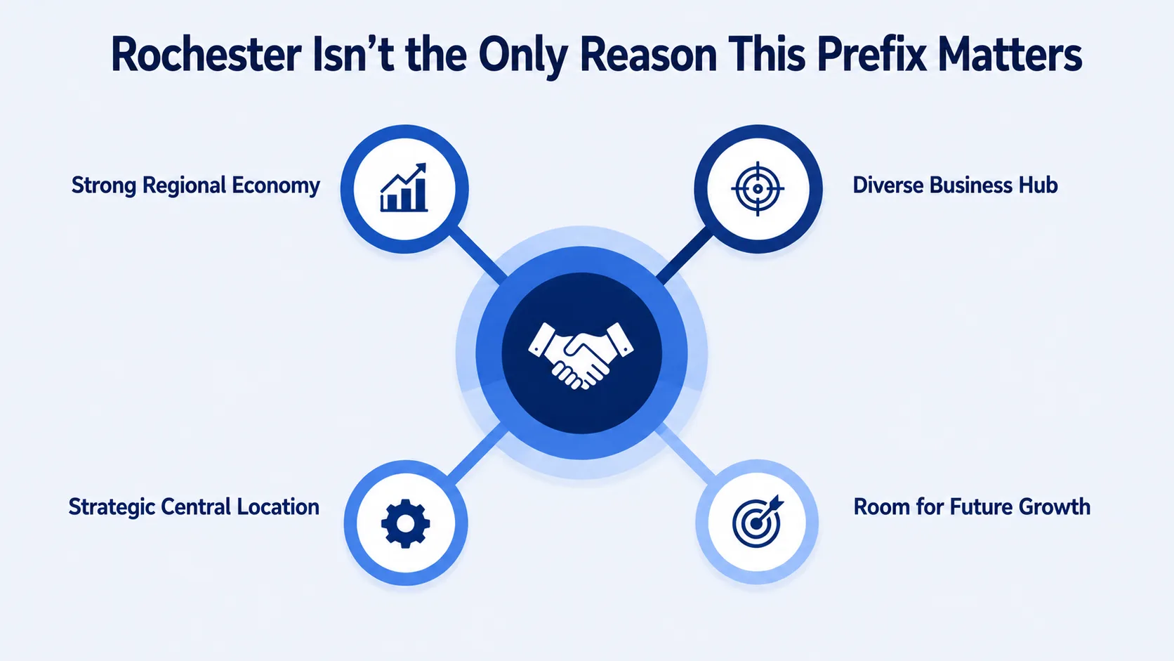 Rochester Isn't the Only Reason This Prefix Matters — infographic showing strong regional economy, diverse business hub, strategic central location, and room for future growth