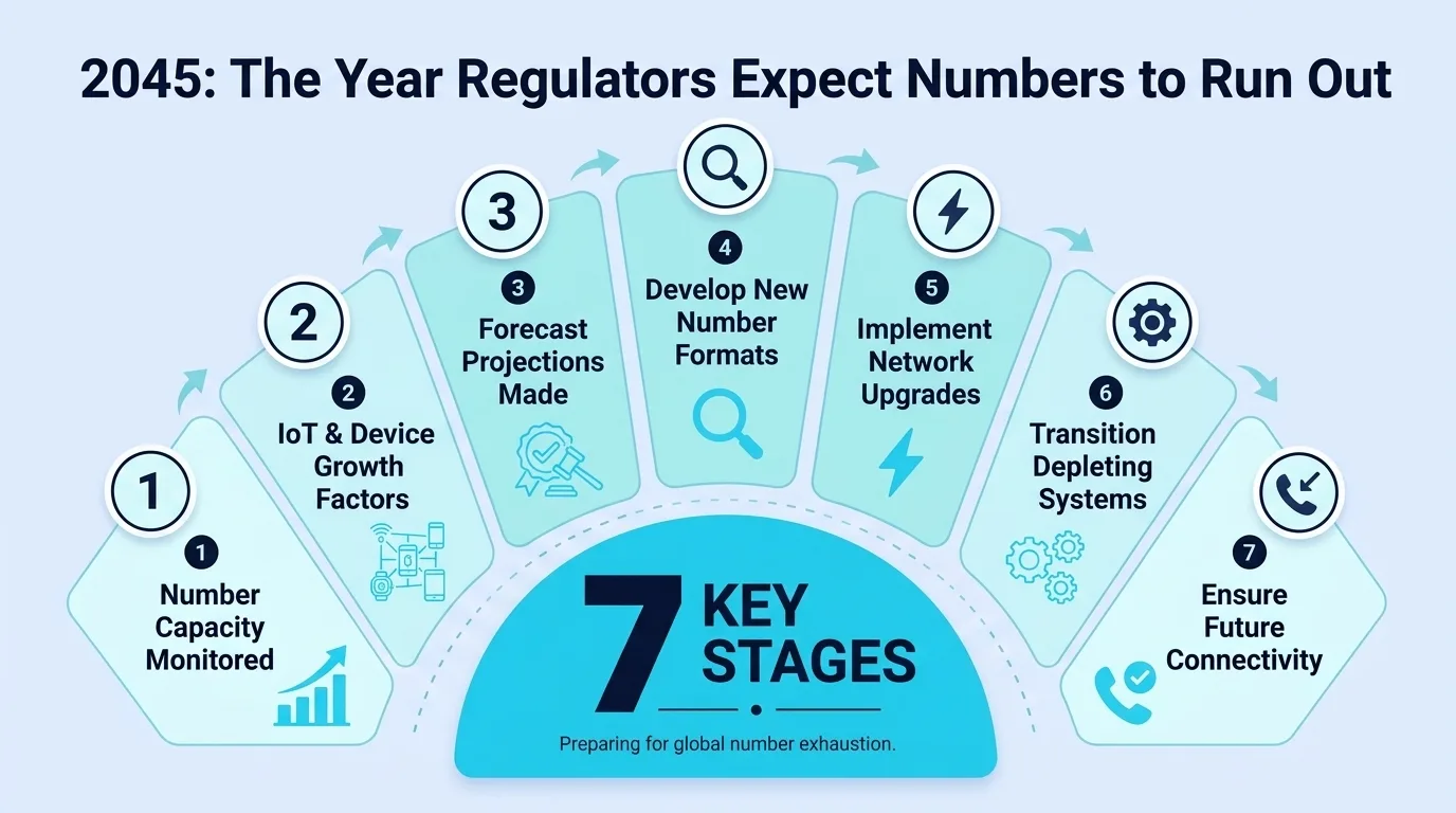 2045: The Year Regulators Expect Numbers to Run Out — seven-stage infographic covering number capacity monitoring, growth factors, forecasting, and network upgrades