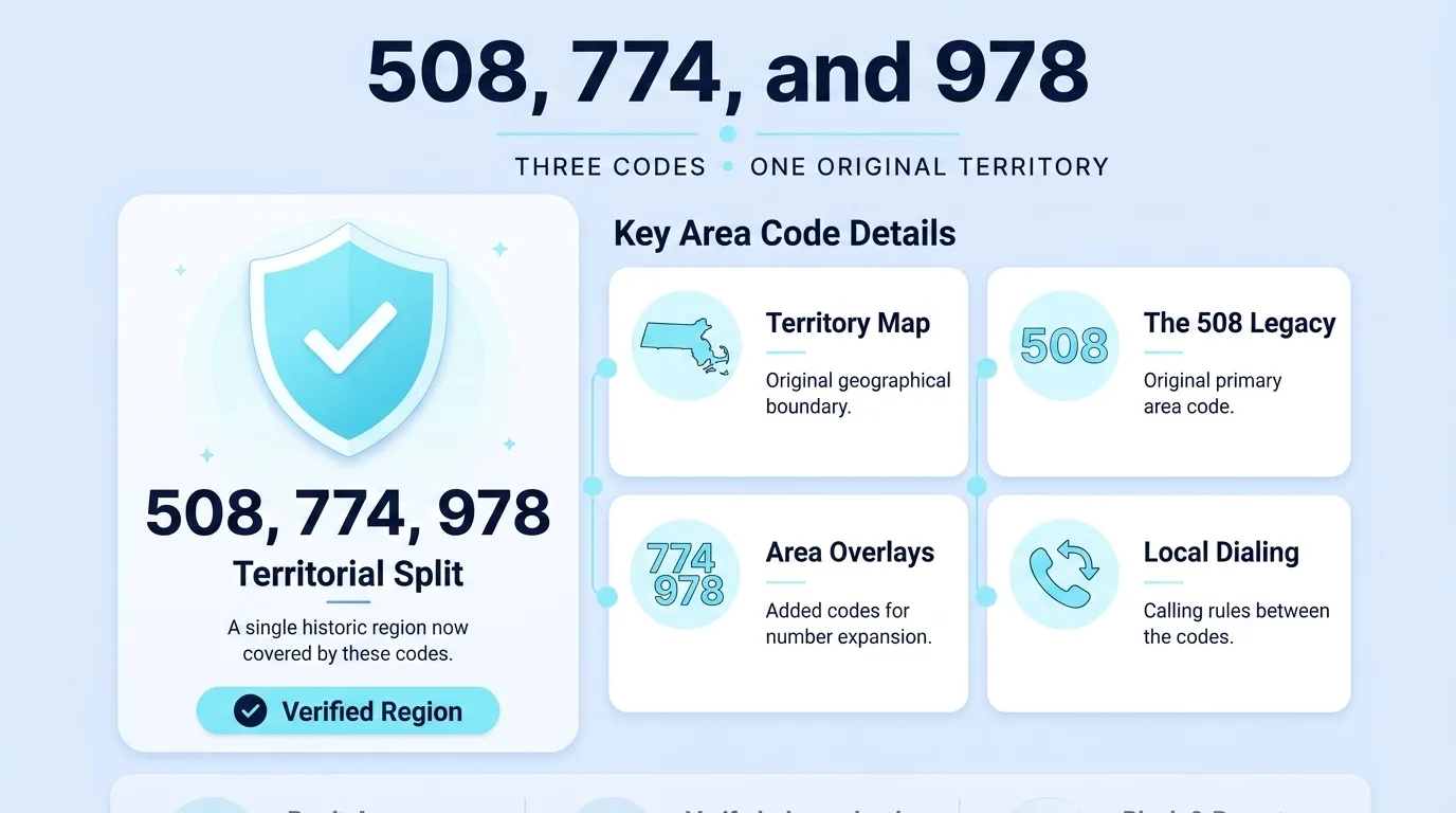 508, 774, and 978: Three Codes, One Original Territory — infographic showing the territorial split of the original Massachusetts numbering plan