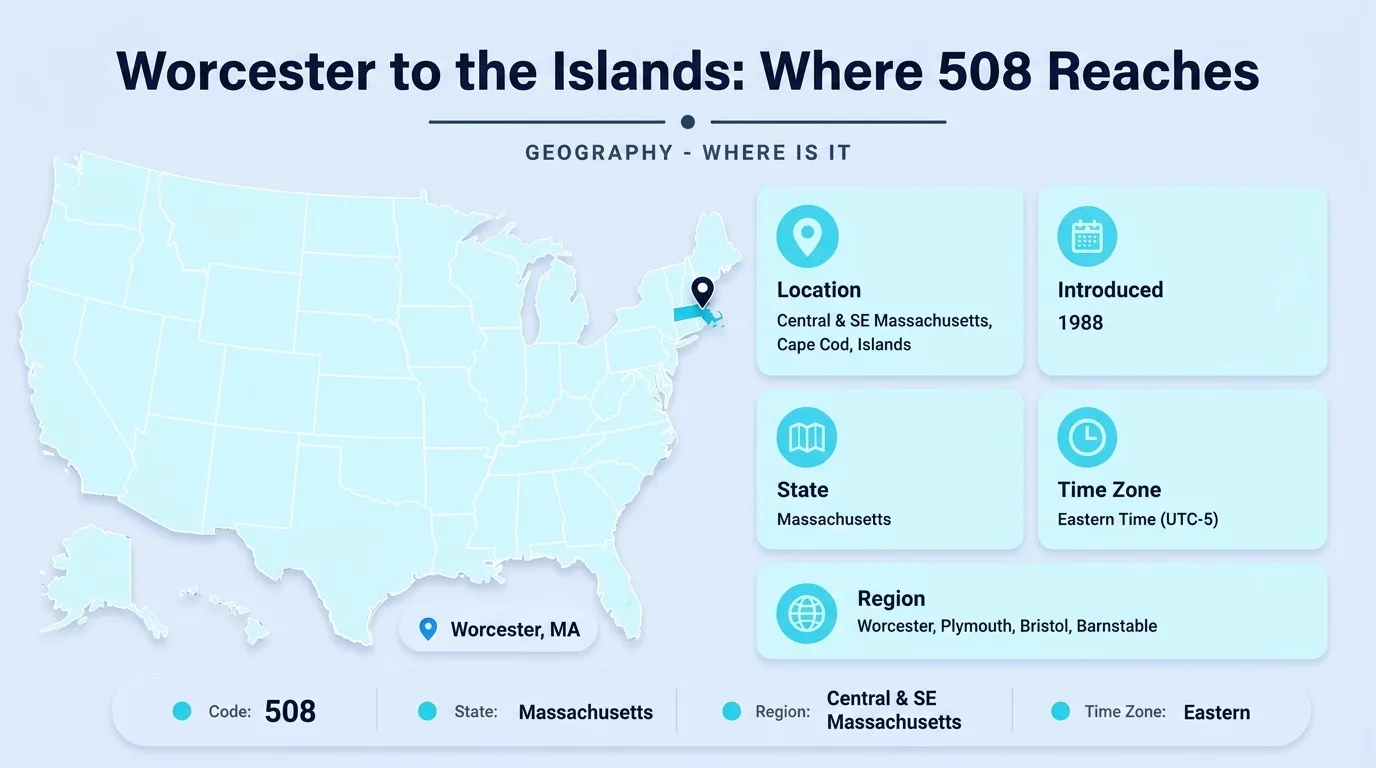 Worcester to the Islands: Where 508 Reaches — map showing the 508 area code covering central and southeastern Massachusetts, Cape Cod, and the islands