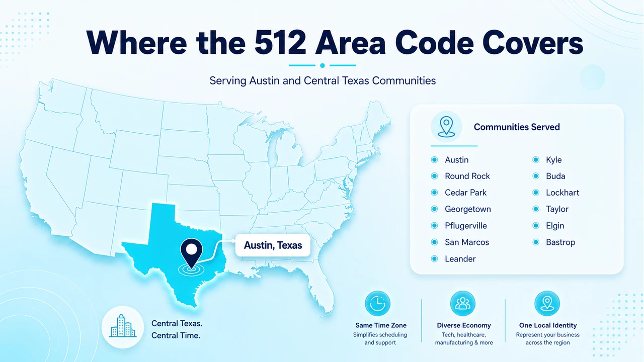 Map of Austin and Central Texas towns in the 512 territory