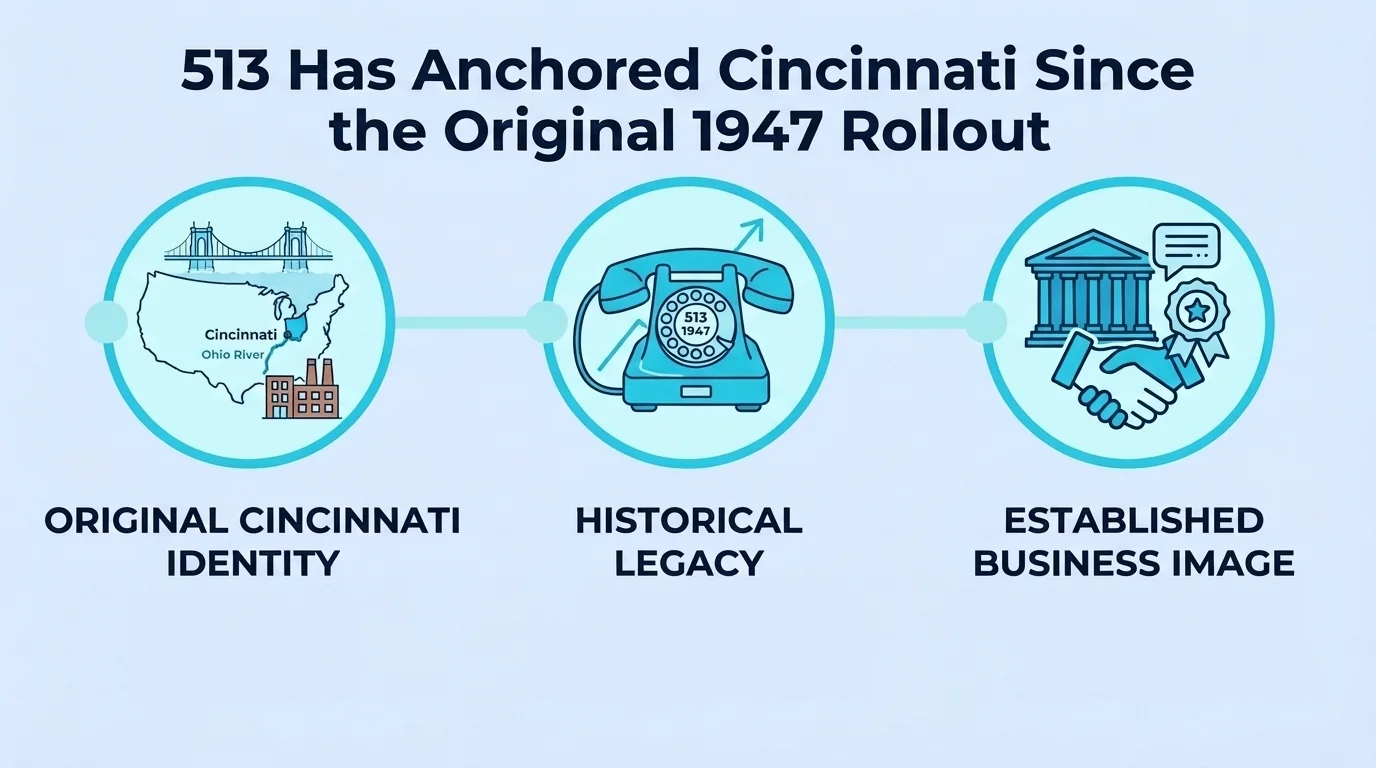 513 Has Anchored Cincinnati Since the Original 1947 Rollout — three-part diagram of original Cincinnati identity, historical legacy, and established business image