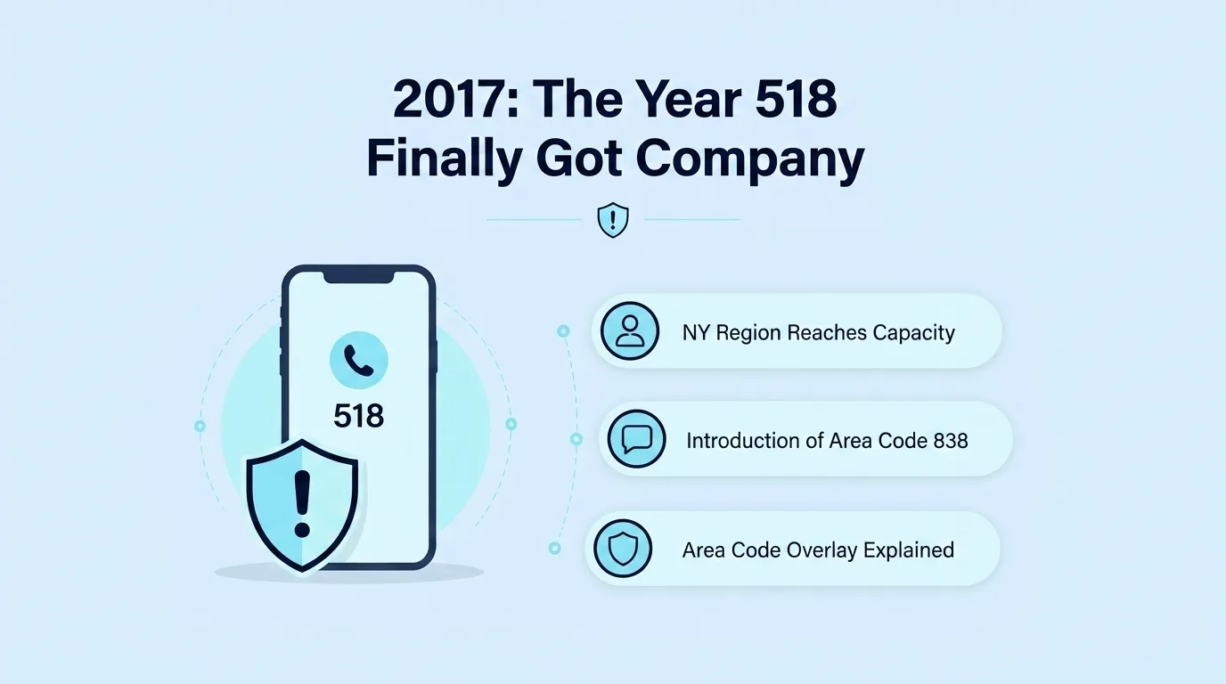 2017: The Year 518 Finally Got Company — infographic covering NY region reaching capacity, the introduction of area code 838, and an explanation of the overlay
