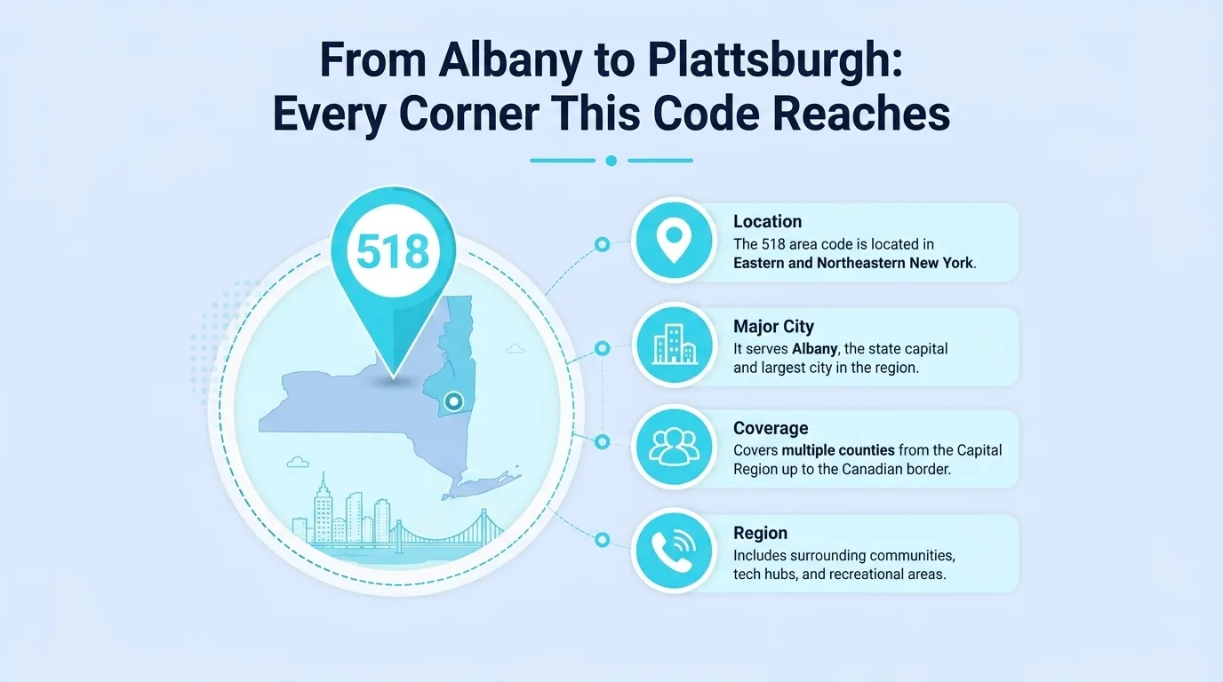From Albany to Plattsburgh: Every Corner This Code Reaches — infographic showing the 518 area code's location, major city, county coverage, and surrounding region