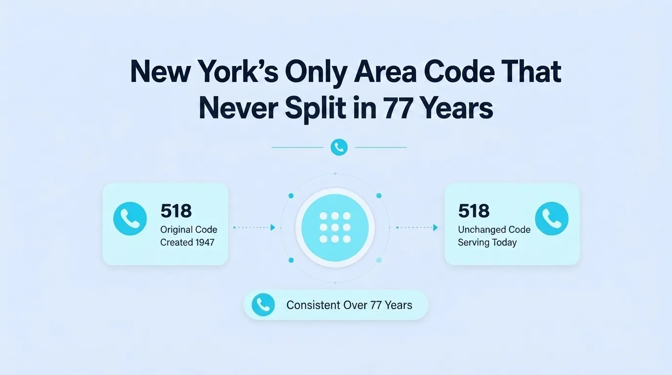 New York's Only Area Code That Never Split in 77 Years — infographic showing the 518 area code's original 1947 creation and its unchanged coverage serving the same territory today