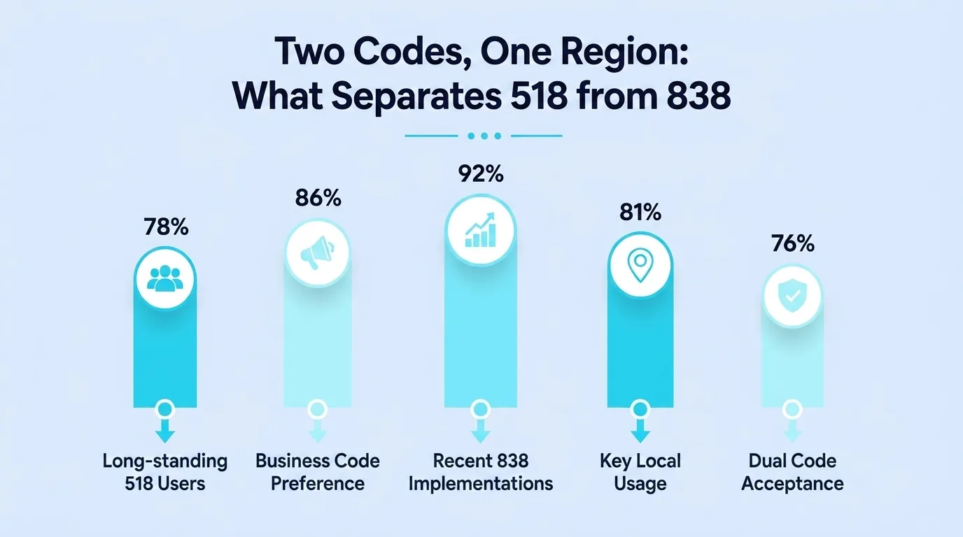 Two Codes, One Region: What Separates 518 from 838 — bar chart comparing long-standing 518 users, business code preference, recent 838 implementations, key local usage, and dual code acceptance