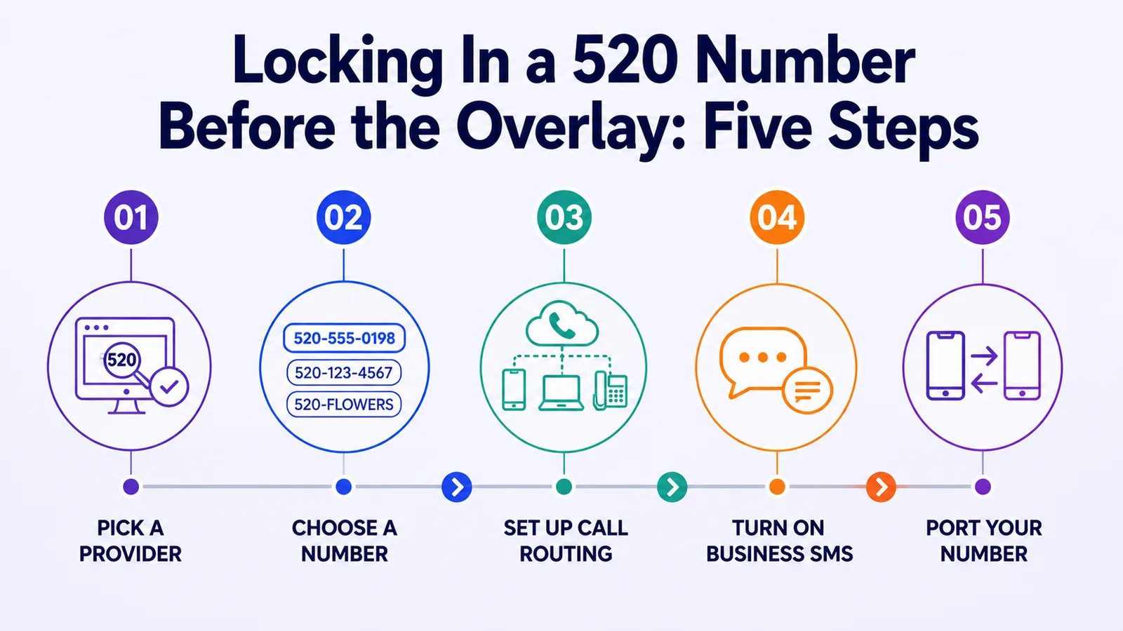 Five-step infographic for locking in a 520 number: pick a provider, choose a number, set up call routing, turn on business SMS, and port your number