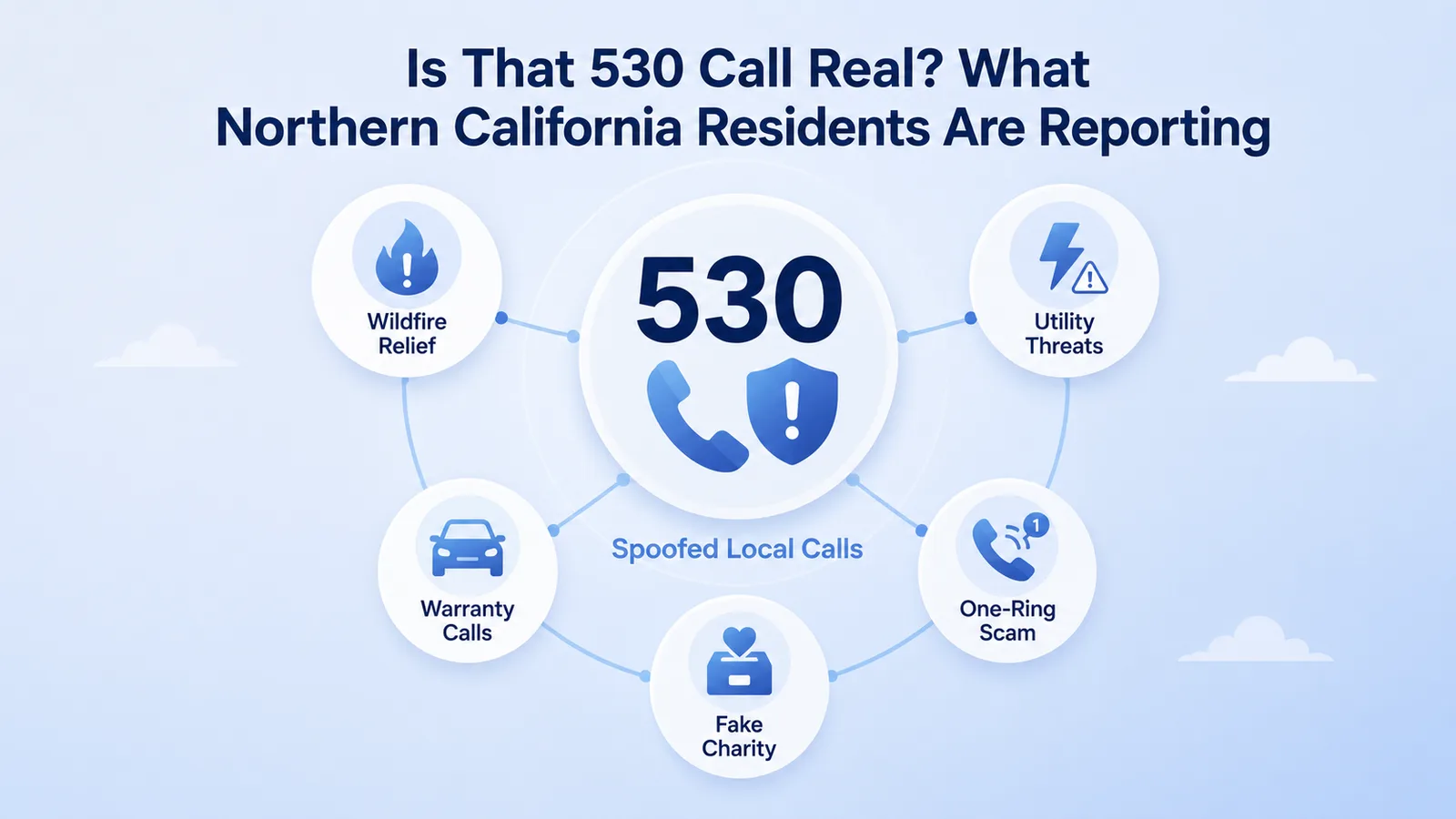 Scam alert graphic warning about spoofed 530 area code calls, including fake wildfire-relief and utility disconnection scams