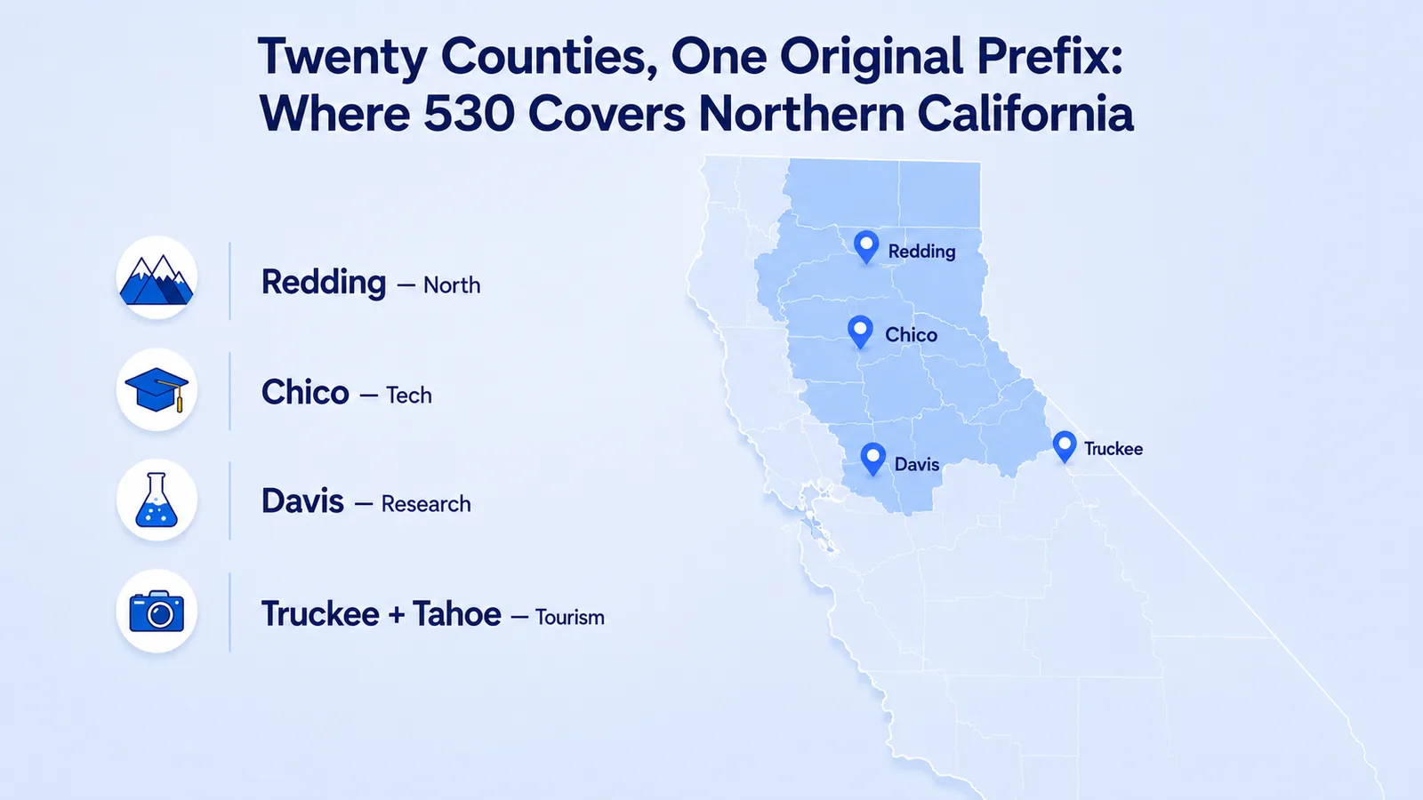 Map of the 530 area code covering Redding, Chico, Davis, and Truckee across twenty Northern California counties