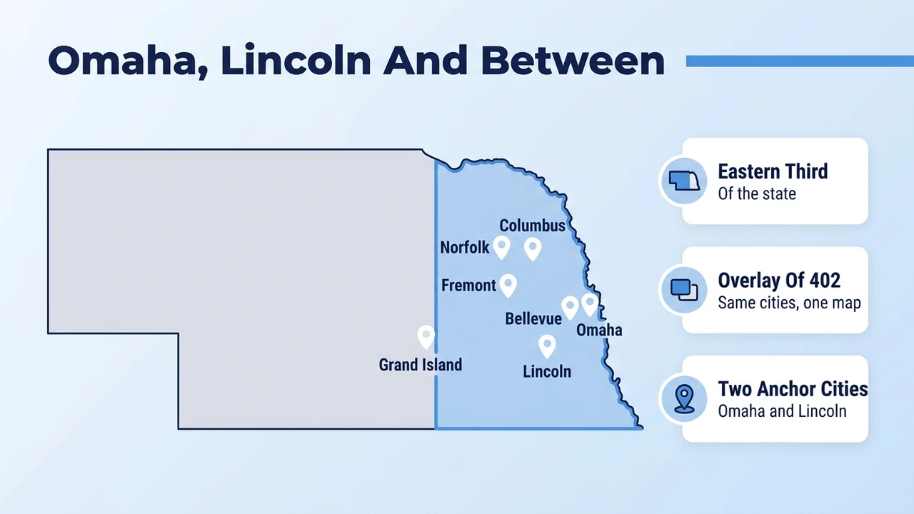 Omaha, Lincoln And Between — map of eastern Nebraska cities covered by the 531 area code