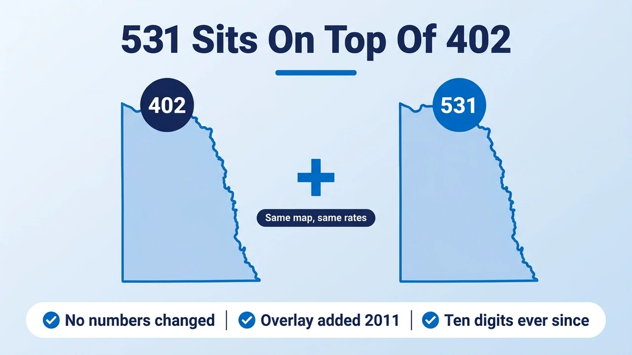 531 Sits On Top Of 402 — two identical eastern Nebraska maps showing the 531 overlay sharing the 402 territory