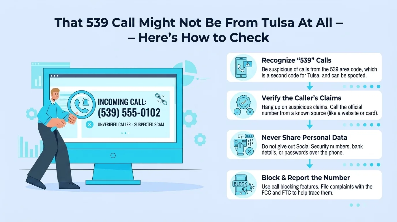 That 539 Call Might Not Be From Tulsa At All — Here's How to Check — four steps covering recognizing 539 calls, verifying claims, never sharing personal data, and blocking suspicious numbers
