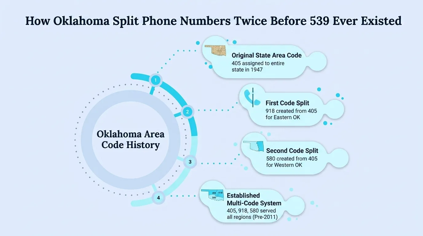 How Oklahoma Split Phone Numbers Twice Before 539 Ever Existed — timeline of the original state area code, first code split, second code split, and the established multi-code system