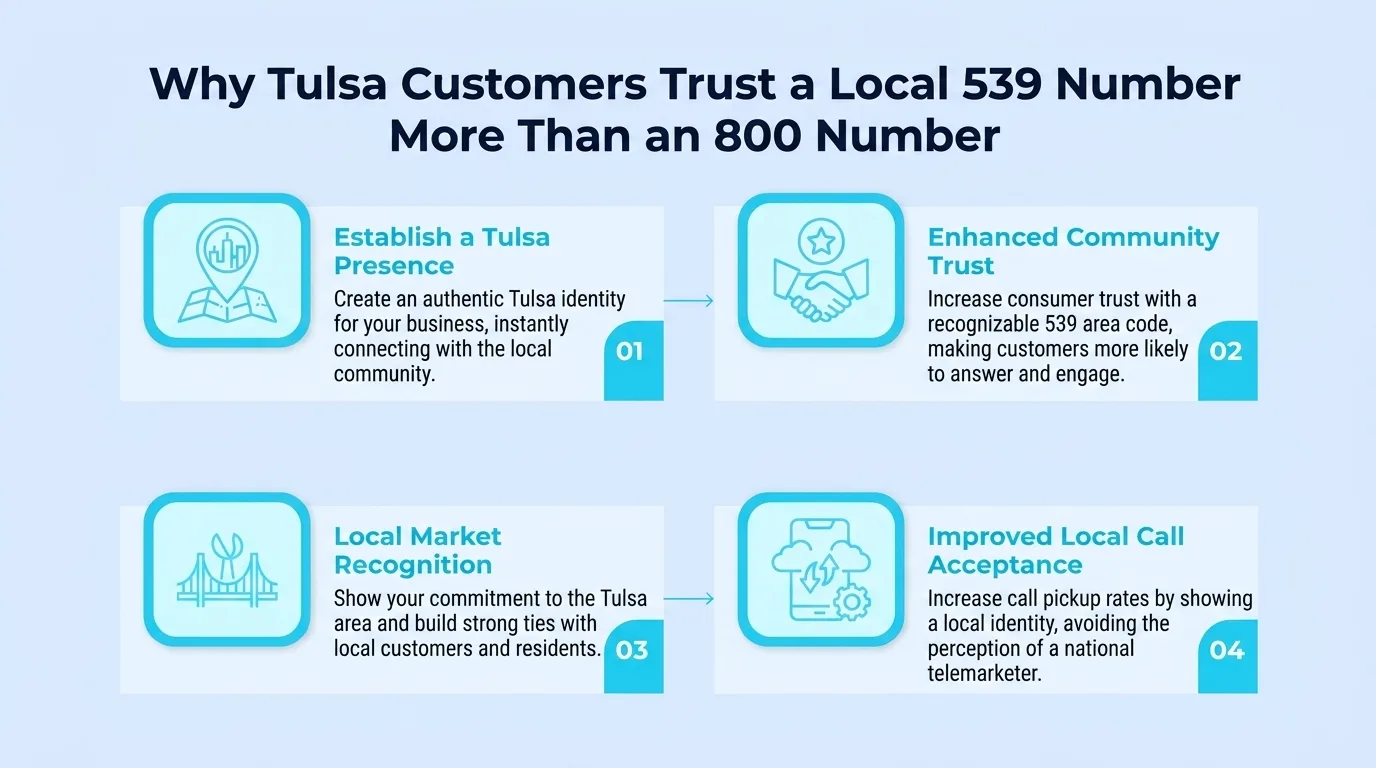 Why Tulsa Customers Trust a Local 539 Number More Than an 800 Number — diagram of establishing a Tulsa presence, enhanced community trust, local market recognition, and improved local call acceptance