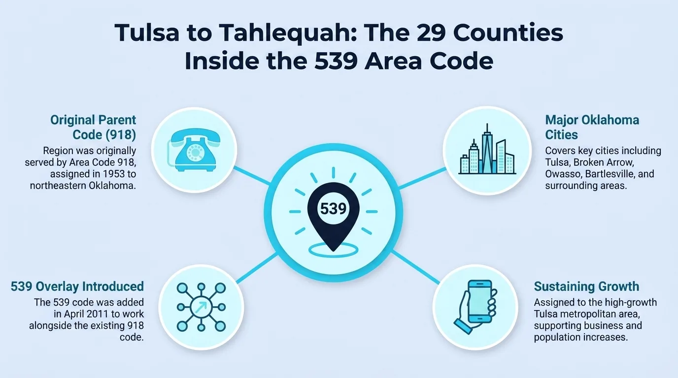 Tulsa to Tahlequah: The 29 Counties Inside the 539 Area Code — diagram showing the original parent code 918, major Oklahoma cities, the 539 overlay introduction, and sustaining growth