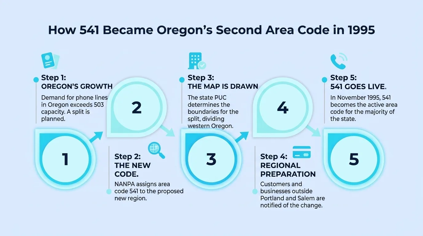How 541 Became Oregon's Second Area Code in 1995 — five-step timeline covering Oregon's growth, the new code assignment, the map being drawn, regional preparation, and 541 going live