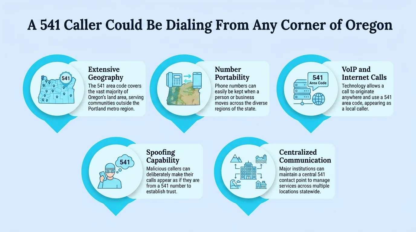 A 541 Caller Could Be Dialing From Any Corner of Oregon — five reasons covering extensive geography, number portability, VoIP and internet calls, spoofing capability, and centralized communication